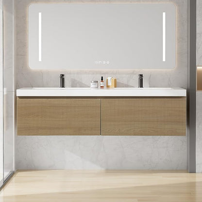 60 Inch Floating Bathroom Vanity with Double Sink, Modern Oak Wall Mounted Floating Vanity with Glossy Resin Sink and 2 Soft Closing Drawers, Fully Pre Assembled Bathroom Vanity, Natural Oak