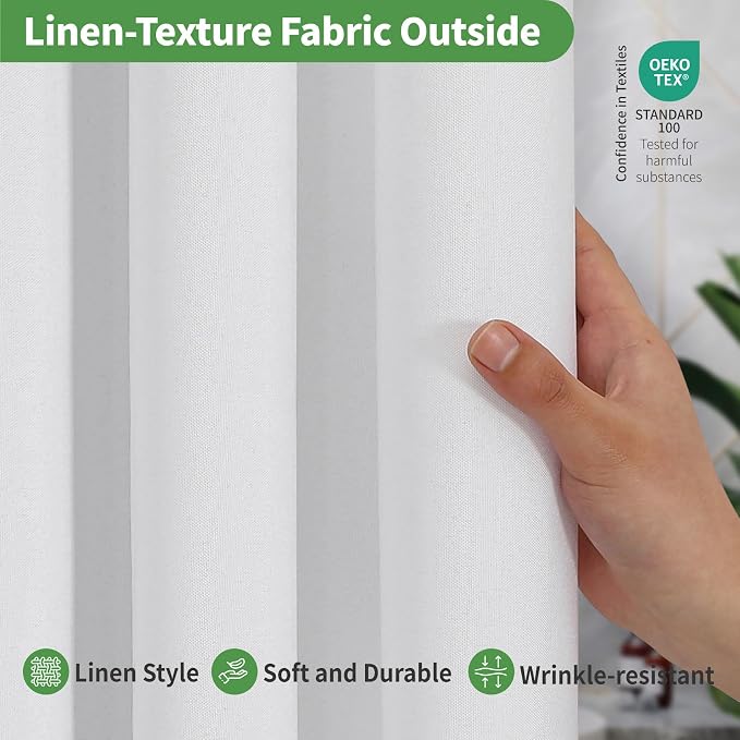 Stall No Hooks & No Liner Needed Fabric Shower Curtain,36"Wx74"L,White | Linen Texture,100% Waterproof TPU Laminated Layer,Bottom Magnets,Machine Washable,Hotel Style Bathroom Curtain For Shower,Tub