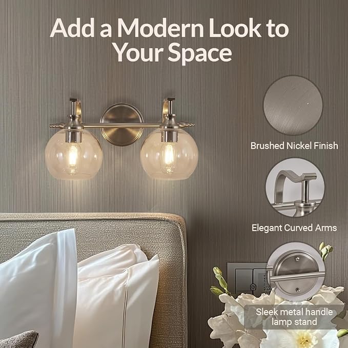 Brushed Nickel Bathroom Light Fixture, 2 Light Bathroom Vanity Light, Farmhouse Silver Wall Sconce, Anti-Rust Wall Lamp with Sturdy Metal Lamp Body for Bedroom, Living Room, Restroom