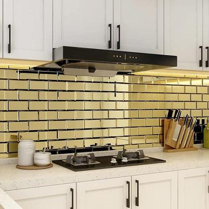 Peel and Stick 3x6 Inch Beveled Gold Mirror Tile Subway Mirror Glass Backsplash for Kitchen Bathroom Wall (40 Pcs, 5 SQ.FT.)