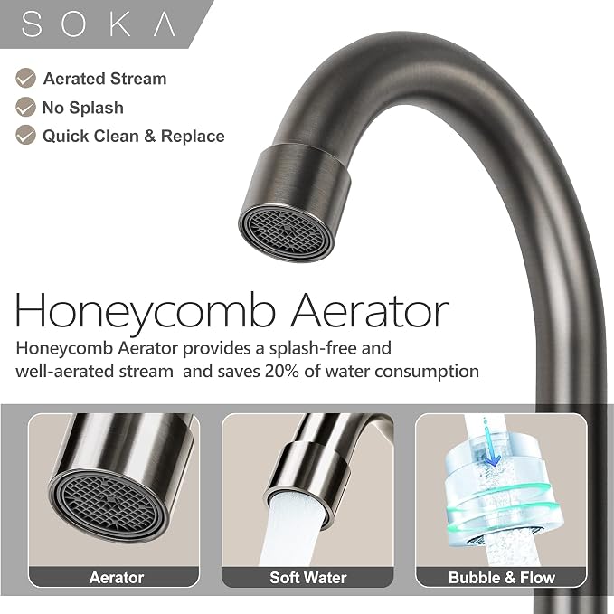 SOKA Two Handles Centerset Bathroom Faucet for Sink High Arc Stainless Steel with Deck Plate & Pop-Up Drain Assembly Fit 3 Hole Installation, Metallic Grey