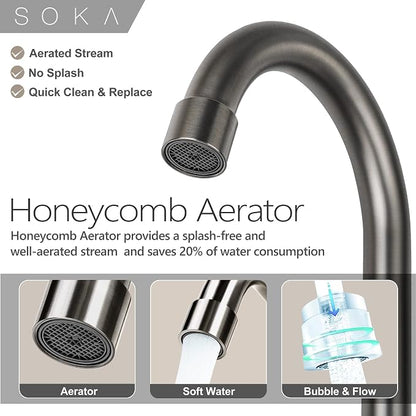 SOKA Two Handles Centerset Bathroom Faucet for Sink High Arc Stainless Steel with Deck Plate & Pop-Up Drain Assembly Fit 3 Hole Installation, Metallic Grey