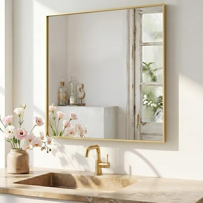 36"x36" Satin Gold Framed Square Bathroom Vanity Wall Mirror | Accent Wall Mirror, Square Geometric Look, Slim Metal Frame, Living Room or Entryway, Keyhole Mount, Tempered Glass