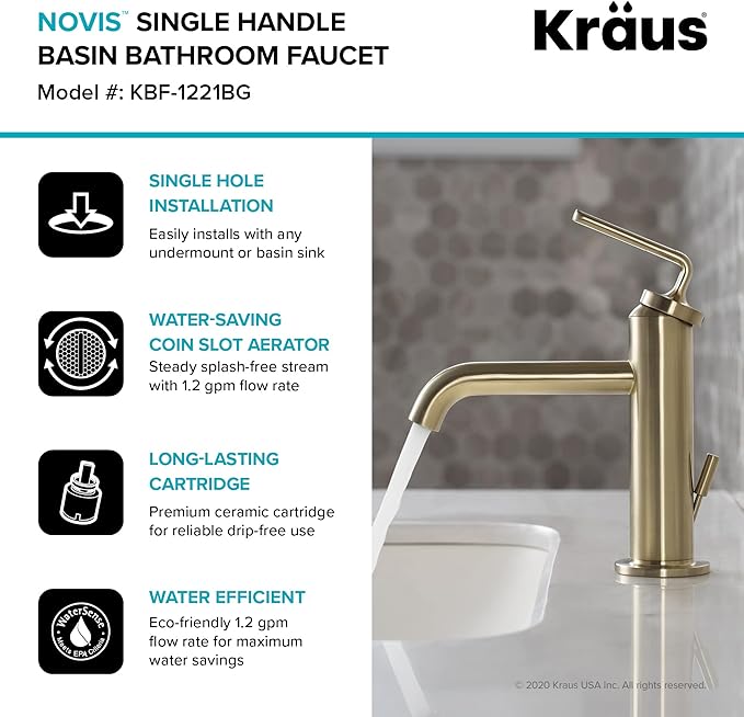 KRAUS Ramus Single Handle Bathroom Sink Faucet with Lift Rod Drain in Brushed Gold, KBF-1221BG-2PK
