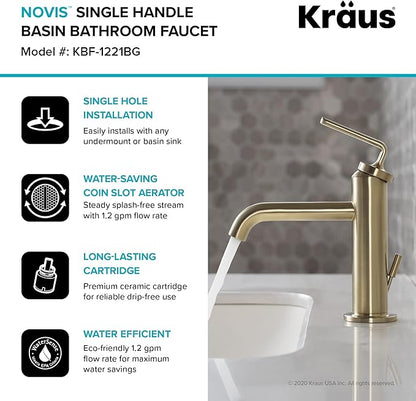 KRAUS Ramus Single Handle Bathroom Sink Faucet with Lift Rod Drain in Brushed Gold, KBF-1221BG-2PK
