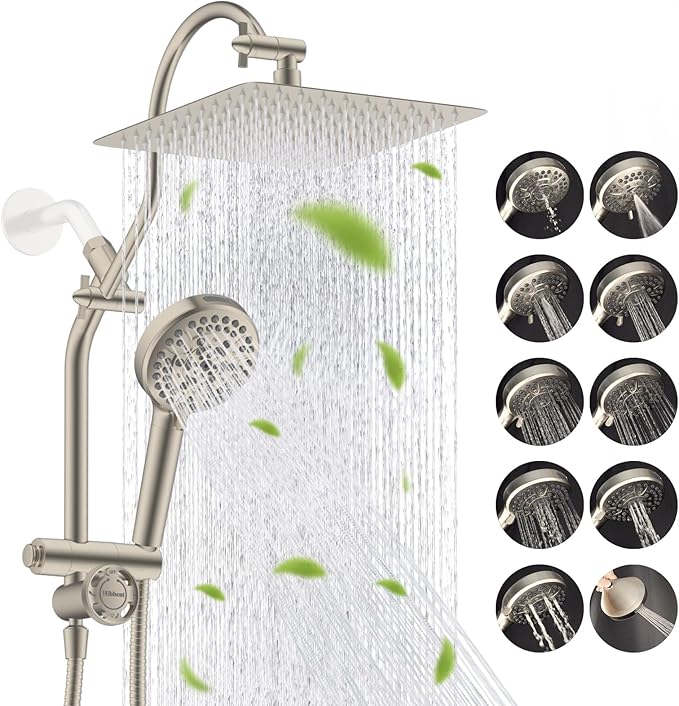 Hibbent High Pressue All Metal 10" Rainfall Shower Head, Handheld 10-Spray | cUPC Certified Brushed Nickel Dual Showerhead Combo, 4-way Diverter with Pause Mode, Brass Extension Arm, 71'' Hose & Holder