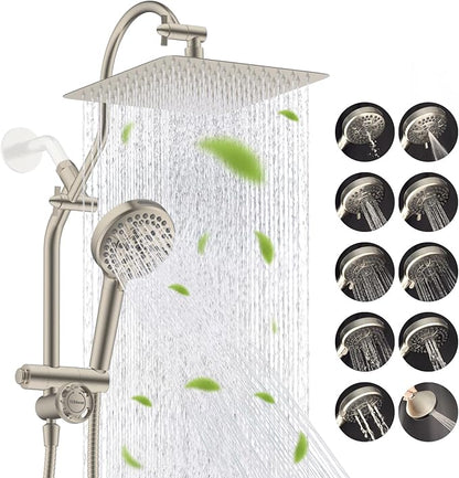Hibbent High Pressue All Metal 10" Rainfall Shower Head, Handheld 10-Spray | cUPC Certified Brushed Nickel Dual Showerhead Combo, 4-way Diverter with Pause Mode, Brass Extension Arm, 71'' Hose & Holder