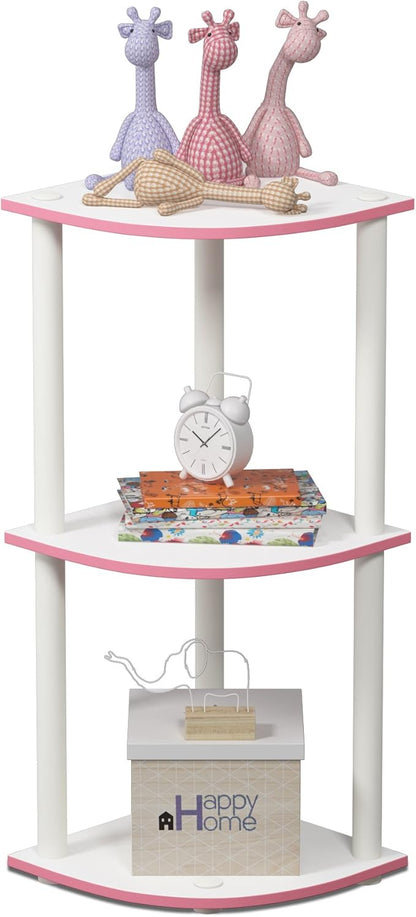 Furinno TURN-N-TUBE Corner Shelf, 3-Tier Corner Bookshelf, Display Storage Shelves with Open Shelves, for Organization and Storage, Living Room, Home Office, Garage, Pink
