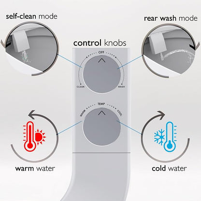 BIDETbidet Left/Right Reversible WARM WATER Ultra-Slim Bidet Attachment with Temperature Control, Interchangeable Knob Set, Hinged Nozzle, Non-Electric, Easy Install, Fits Most Toilets, Off-White
