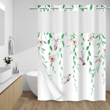 No Hook Floral Shower Curtain with Liner, Green Pink, 71x74 | Snap in Liner, 3 in 1, Water Repellent, Easy Install, Machine Washable, Hotel Style for Bathroom, Watercolor Pattern