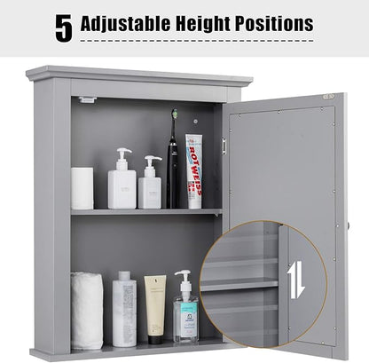 Tangkula Bathroom Cabinet with Mirror, Mirrored Wall-Mounted Storage Medicine Cabinet w/Single Door & Adjustable Shelf in 5 Positions, Multipurpose Wall Cabinet for Bathroom (Gray)