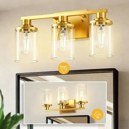 L LOHAS LED 3-Light Bathroom Vanity Light, Gold | Modern Gold Bathroom Light Fixture for Bathrooms, Bedrooms and Hallways
