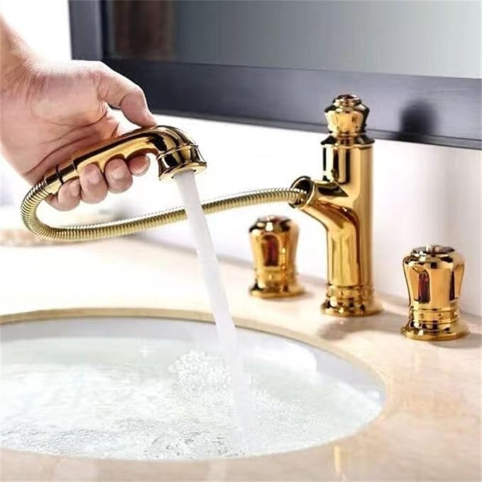 3 Hole Pull Out Faucet for Bathroom Sink European Retro Restroom Faucet 2 Knobs,Gold