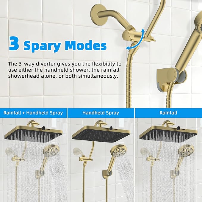 Hibbent 13'' 5-spray Rain Shower Head, 10-Spray Handheld, Brushed Gold | cUPC Certified High Pressure Dual Showerhead Combo, Upgraded Rainfall Shower Head, 12'' Extension Arm, 71'' Hose & Holder