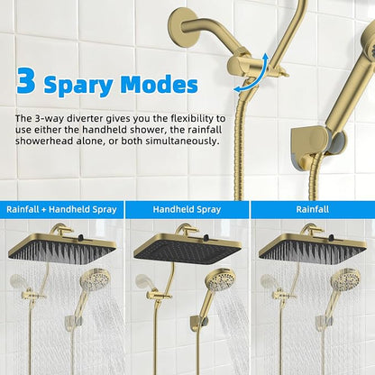 Hibbent 13'' 5-spray Rain Shower Head, 10-Spray Handheld, Brushed Gold | cUPC Certified High Pressure Dual Showerhead Combo, Upgraded Rainfall Shower Head, 12'' Extension Arm, 71'' Hose & Holder