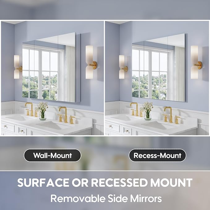 44" x 36" Bathroom Medicine Cabinet with Mirror, Anodized Chrome Aluminum Frame, Surface Mount or Recessed Medicine Cabinet with Mirror, Bathroom Mirror with Storage, Three Doors