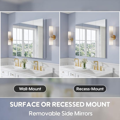 44" x 36" Bathroom Medicine Cabinet with Mirror, Anodized Chrome Aluminum Frame, Surface Mount or Recessed Medicine Cabinet with Mirror, Bathroom Mirror with Storage, Three Doors