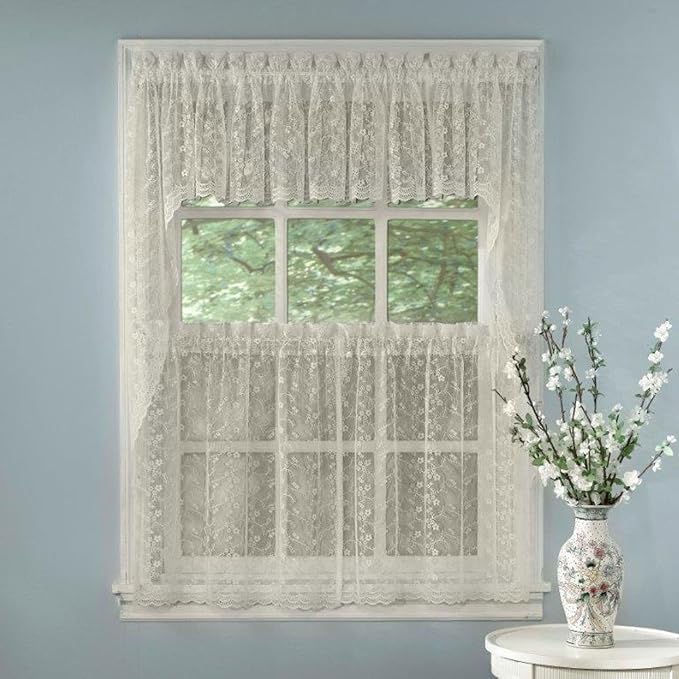 Kitchen Curtains for Windows 40+ Styles & Colors Swag, Valance, Tier Sets & Panels Cafe Curtains for Farmhouse, Rustic, Modern Décor, Priscilla Ivory, 36" Tier Valance Set