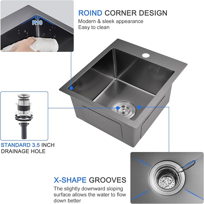 15"x17" Drop-In Single Bowl Sink 18 Gauge Black Steel 1-Hole | 15"x17" Black Drop-in Sink | 18 Ga SS | Topmount/Overmount | Single Bowl | Wet Bar/Coffee Station | 8" Deep Basin
