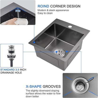 15"x17" Drop-In Single Bowl Sink 18 Gauge Black Steel 1-Hole | 15"x17" Black Drop-in Sink | 18 Ga SS | Topmount/Overmount | Single Bowl | Wet Bar/Coffee Station | 8" Deep Basin