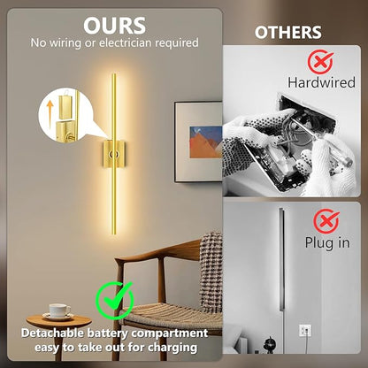 Eneru Battery Operated Wall Sconce 1 Pack, Gold Wireless Wall Light 31.5in | Rechargeable 10000mAh, Touch and Remote Control, 360° Rotate, 4CCT Dimmable, Wall Lamp for Living Room Bedroom Hallway