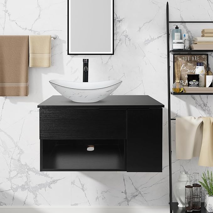 28 Inch Black Floating Bathroom Vanity with 1-Door and 1-Drawer, Modern Wall Mounted Cabinet with Bathroom Boat Ceramic Vessel Sink