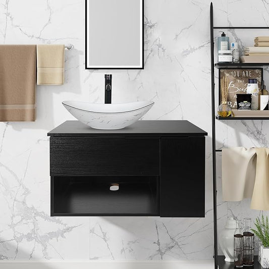 28 Inch Black Floating Bathroom Vanity with 1-Door and 1-Drawer, Modern Wall Mounted Cabinet with Bathroom Boat Ceramic Vessel Sink