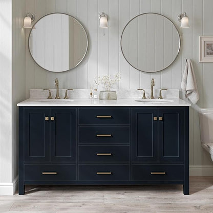 ARIEL Cambridge 66-inch Bathroom Vanity with Sink,Solid Wood, 0.75-inch Italian Carrara Marble Countertop, Double Oval Porcelain Sink, 4 Soft Closing Doors, 6 Dovetail Drawers, Midnight Blue