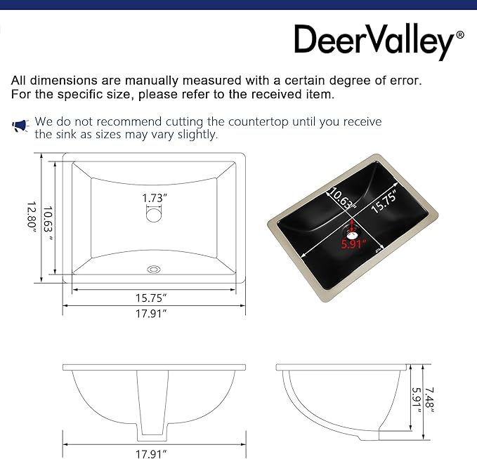 DeerValley Black Undermount Bathroom Sink 18'' x 13'' Rectangular Ceramic Bathroom Wash Basin with Overflow Hole DV-1U306B