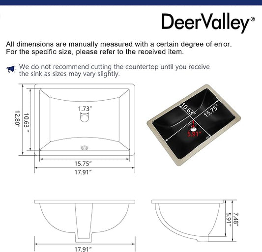 DeerValley Black Undermount Bathroom Sink 18'' x 13'' Rectangular Ceramic Bathroom Wash Basin with Overflow Hole DV-1U306B