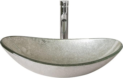 wonline Modern Bathroom Oval Glass Vessel Sink Bowl with Chrome Faucet and Pop-up Drain Combo