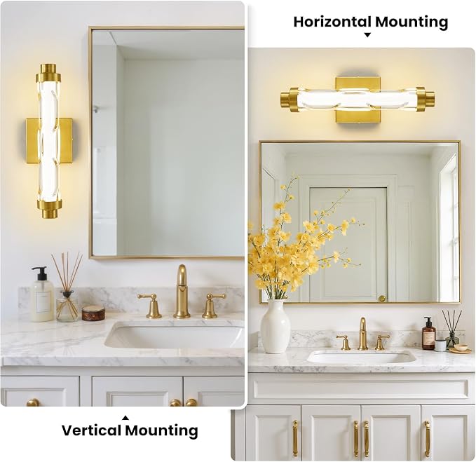 15.4" Gold Wall Sconces Set of 2, Modern Bathroom Sconces Wall Lighting with Ripple Glass Shade, 5CCT Dimmable LED Vanity Light 14W for Mirror, Bedroom, Hallway, Entryway
