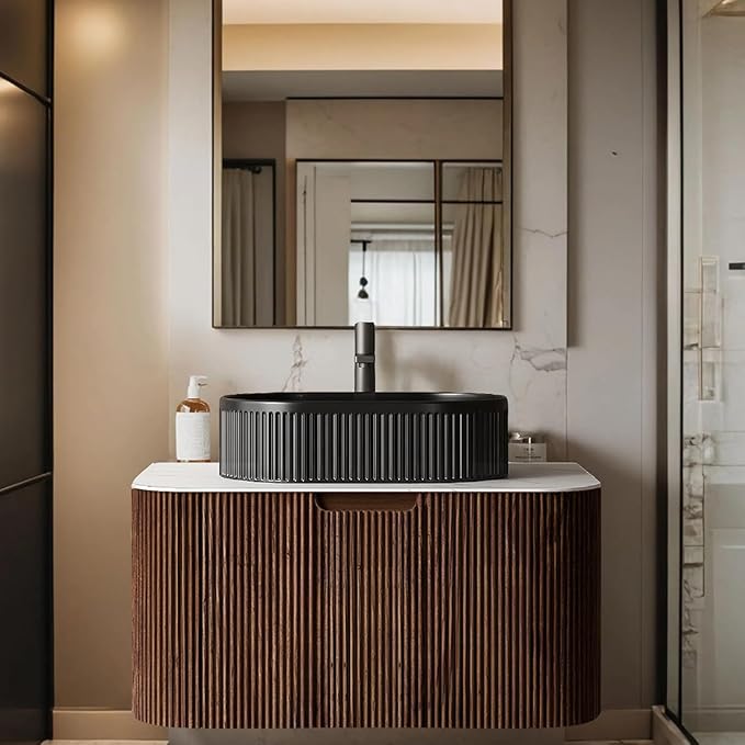 30 inch Floating Bathroom Vanity with Sink, Natural Solid Wood Modern Bathroom Vanities with Ultra-Thin Ceramic Basin and Marble Top, Soft-Close Drawer, Pre-Assembled, Walnut with Black
