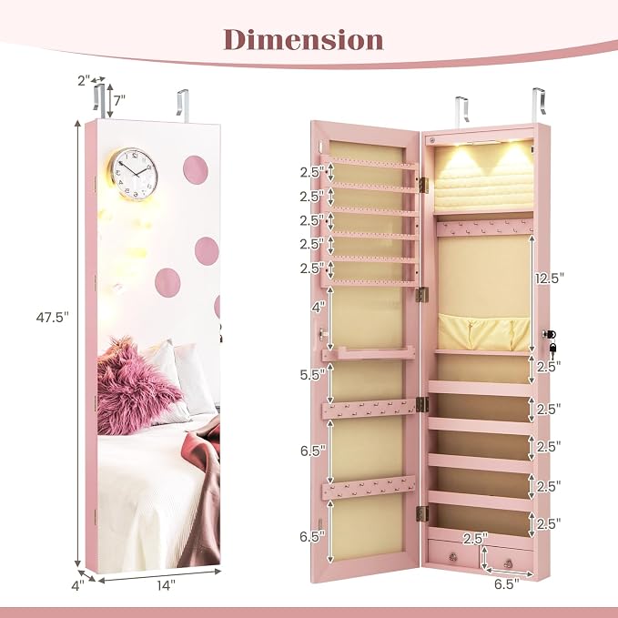 Giantex Wall Door Mounted Jewelry Armoire Cabinet with 47.5" Full Length Mirror, 2 LEDs Lockable Jewelry Organizers and Storage, Over the Door Jewelry Organizer Cabinet with 2 Drawers (Light Pink)
