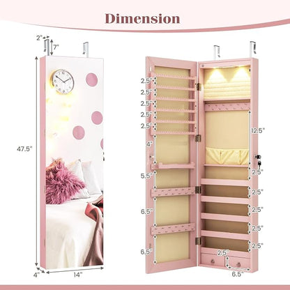 COSTWAY Wall Mounted Jewelry Armoire with Full Length Mirror & 2 LED Lights, Large Storage Capacity, Lockable Mirror Jewelry Cabinet for Women Girls (Pink)