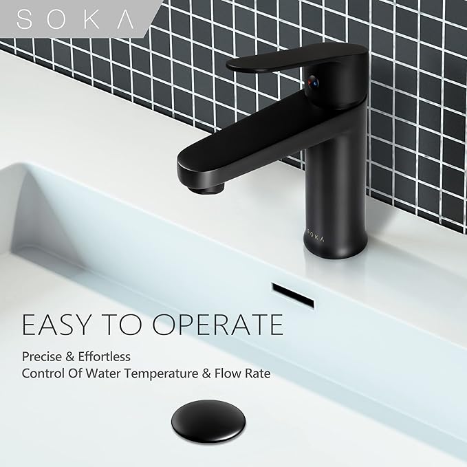 Brass Bathroom Faucet Matte Black with Pop-up Sink Drain Stopper & Deck Plate - 1 or 3 Hole Single Handle RV Faucet