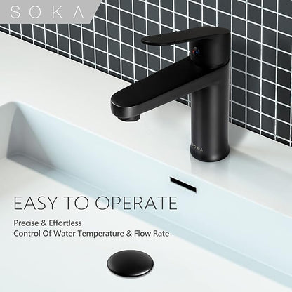 Brass Bathroom Faucet Matte Black with Pop-up Sink Drain Stopper & Deck Plate - 1 or 3 Hole Single Handle RV Faucet