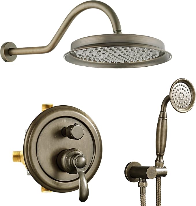 Vintage Faucet Shower System with Handheld Spray | Antique Brass Finish, Multi-layer Plating, 9 inch Rain Shower Head, 2 Way Diverter Brass Valve, Wall Mount Easy Install