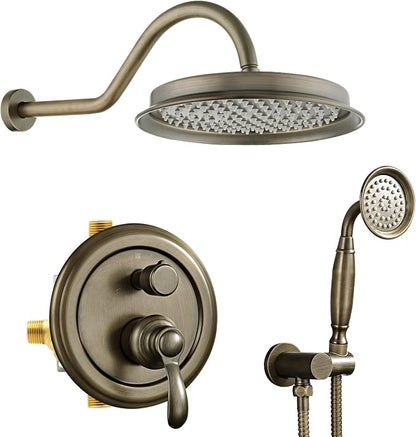 Vintage Faucet Shower System with Handheld Spray | Antique Brass Finish, Multi-layer Plating, 9 inch Rain Shower Head, 2 Way Diverter Brass Valve, Wall Mount Easy Install