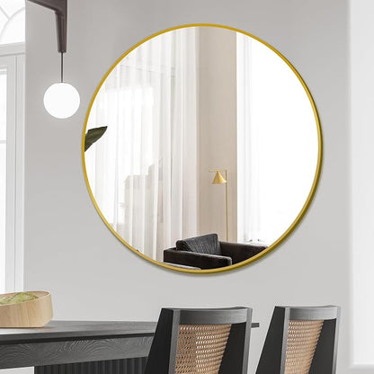 30 Inch Gold Round Circle Mirror for Bathroom Wall, Metal Frame | HD tempered glass for clear, distortion-free reflection. Mounting hardware included for vertical or horizontal wall mount.