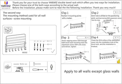 (1 Pack) Yariwiz Grey Towel Rack Wall Mounted No Drill and Screw Mounting, Bathroom Bath Shower Length 24 inch Double Towel Rod with Shelf Hotel Towel Rack B0502-GREY