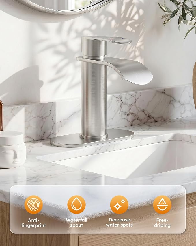 WOWOW Brushed Nickel Bathroom Faucet:Single Hole Waterfall Bathroom Faucets Sink with cUPC Supply Lines and Pop Up Drain,Modern Single Handle Bathroom Faucet 1 Hole for Countertop,Bathroom Sink Faucet