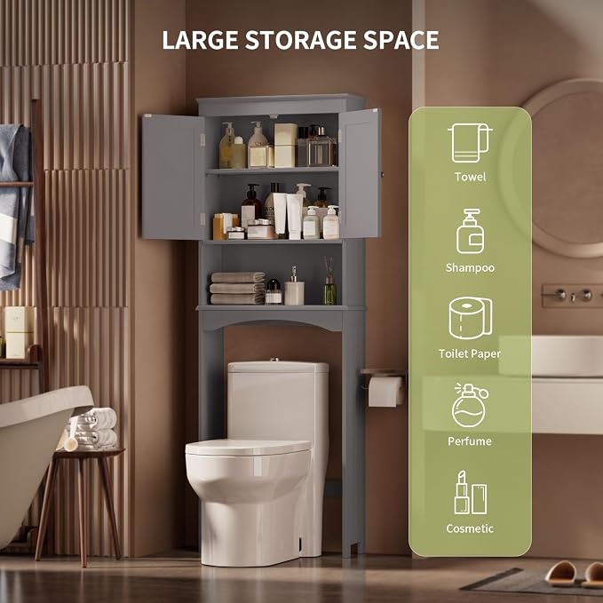 Gizoon Over the Toilet Storage Cabinet with Adjustable Shelf, Grey | Bathroom Space Saver Organizer Above Toilet with Open Shelf and Double Doors, Taller Wooden Free Standing Toilet Rack