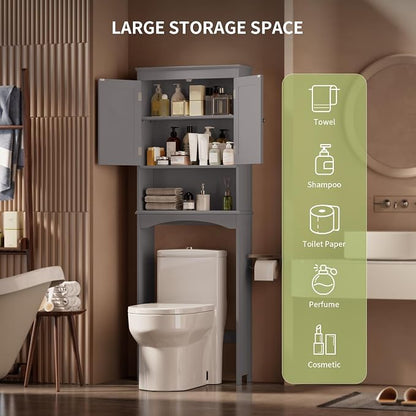 Gizoon Over the Toilet Storage Cabinet with Adjustable Shelf, Grey | Bathroom Space Saver Organizer Above Toilet with Open Shelf and Double Doors, Taller Wooden Free Standing Toilet Rack