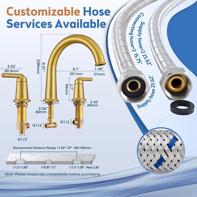 Roman Tub Faucet 3 Hole Deck Mount Tub Filler High Flow Brushed Gold | With Ceramic Valve, Solid Brass, High Arch Bathtub Faucet, 2-Handle Design, Widespread Mount, Garden Bath Tub Faucet