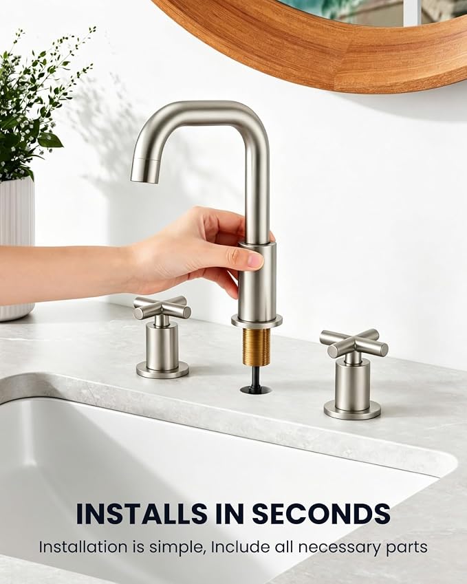 gotonovo Widespread 8 inch 3 Hole Bathroom Sink Faucet Brushed Nickel | 2 Cross Handle Bathroom Faucet,SUS304,360° Swivel Spout,24’’ cUPC Hose,Pop Up Drain,6-16’’ Vanity,Sink,Lavatory,Basin,RV