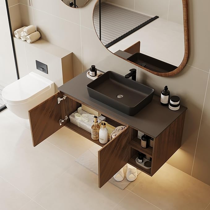 36 Inch Floating Vanity Bathroom with Single Sink, Wall-Mounted Floating Bathroom Cabinet with Sintered Stone Countertop & Black Ceramic Basin, Ample Storage and Open Shelves, Dark Wood