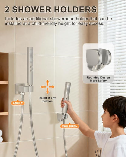 Brushed Nickel Shower System with Tub Spout, Wall Mounted Bathtub Shower Faucet Set, 12" Rainfall Shower Head and Handheld Shower Combo, High Pressure Shower Fixtures Set with Rough-in Valve