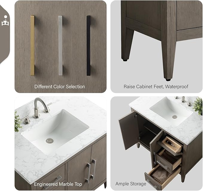 Vanity Art 36 inch Bathroom Vanity with Single Sink & Ceramic Top, Vanity Cabinet with Soft-Closing Doors, Drawers, Solid Wood Frame, Driftwood Gray, VA9036-DG-GB1