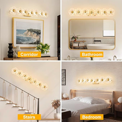 MantoLite Bathroom Light Fixtures Modern Vanity Light Over Mirror Adjustable 3000K-6000K Picture Lights Art Light with Floral Clear Glass Shades for Living Room Bedroom Wall Sconces (7 Light Gold)